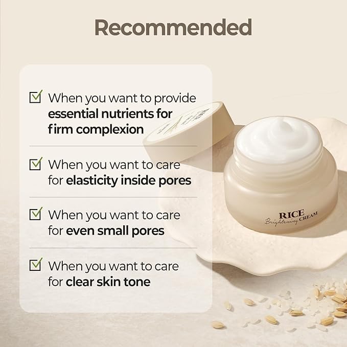SKINFOOD Rice Brightening Cream, Korean Face Moisturizer with 48 Hours Fermented Rice Water, Korean Skin Care Rice Moisturizer for Natural Glow Glass Skin, Nourishing, Vegan, 60ml/2fl.oz.