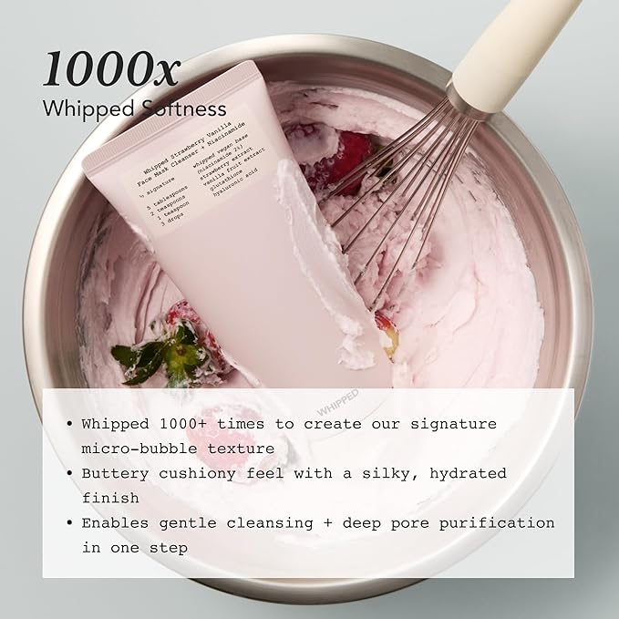 Whipped Korean Skincare Face Wash, Doubles as a Face Mask, Strawberry Vanilla, Hydrating Vegan Facial Cleanser for Dry Skin with Niacinamide, Hyaluronic Acid, Ceramide, Cleanser for Sensitive Skin