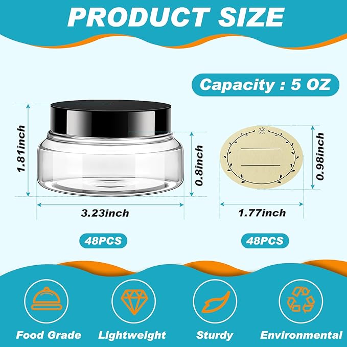 Tessco for you 48 Pack Plastic Jars with Lids Labels Multiuse Slime Containers Empty Body Scrub Jars Round Refillable Cosmetic Body Butter Container for Makeup (5 oz,Clear)