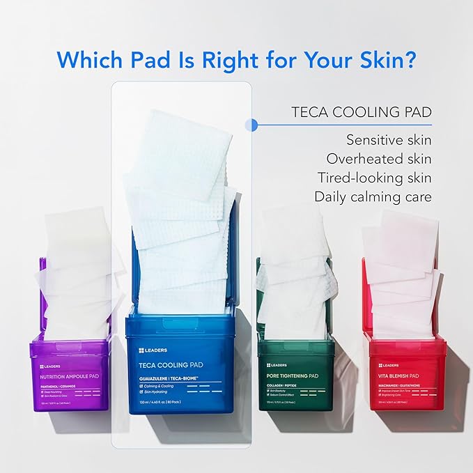 LEADERS Teca Cooling Toner Pad - Instant Relief for Dry, Overheated Skin | Vegan-Certified | Clinically Proven Efficacy | Korean Skincare 80 Pads x 130ml