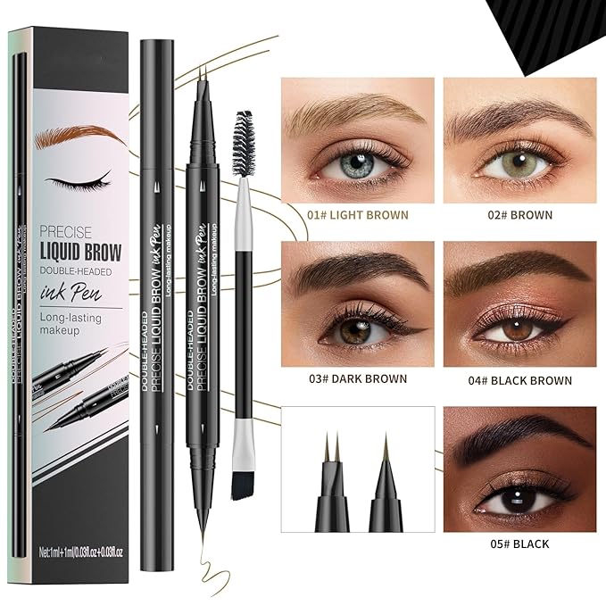 Microblading Eyebrow Pen, 2 in 1 Dual Ended Eyebrow Pencil, Curved Eyebrow Pencil with Micro-Fork-Tip & Precise Brush-Tip, Waterproof and Last All Day for Natural Hair-Like Brows (04#BLACK BROWN)
