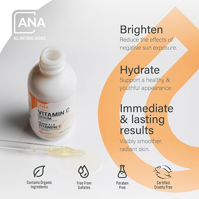 All Natural Advice Vitamin C Serum 60mL | 20% Vitamin C Face Serum Solution with Organic Botanicals, Hyaluronic Acid & Vitamin E | UV-Shielding Glass Bottle, Spray & Dropper | Canadian Skin Care