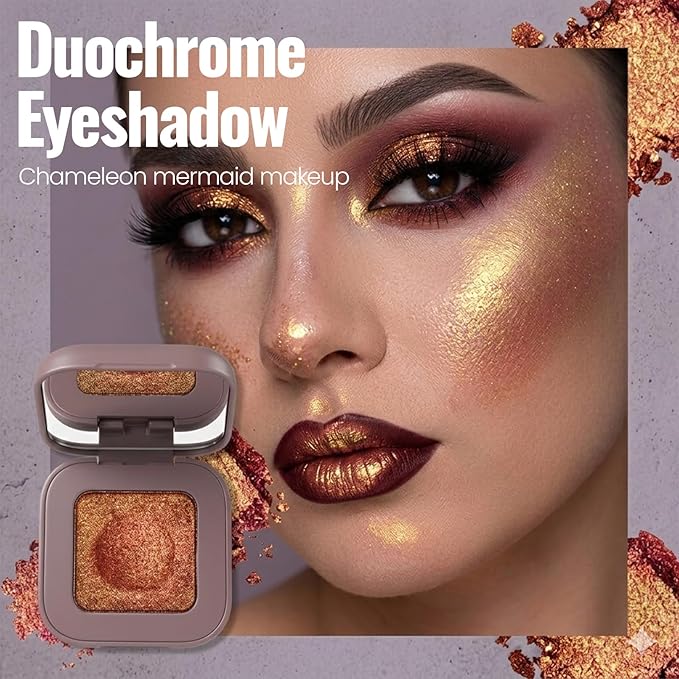 Erinde Burgundy Gold Copper Duochrome Glitter Eyeshadow Palette, Holographic Chameleon Shimmer Eye Shadow, Rich Color, Color Shift Sparkle Inner Corner Eye Highlighter Palette Makeup for Rave, 07