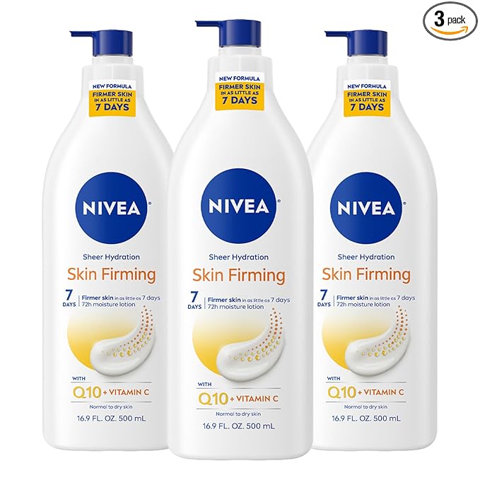 NIVEA Sheer Hydration Skin Firming Body Lotion with Q10 and Vitamin C, 72-Hour Body Moisturizer for Normal to Dry Skin, 16.9 Fl Oz Pump Bottle, Pack of 3