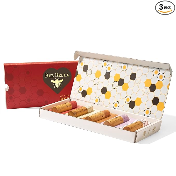 Bee Bella Lip Balm Holiday Gift Box, Cherry, Lavender Vanilla, Vanilla Bean, Pumpkin Spice, Candy Cane, 5 Pack, Gift, Organic Beeswax with Vitamin E, Handmade in USA