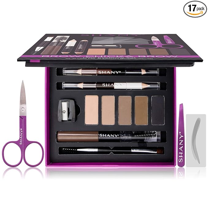 SHANY Brow Chicka Brow Eyebrow Set - 17 Piece Eyebrow Makeup Kit with Brow Powder, Brow Gel, Dual Ended Pencils, Stencils, Scissors, and Tweezers - All Hair Colors