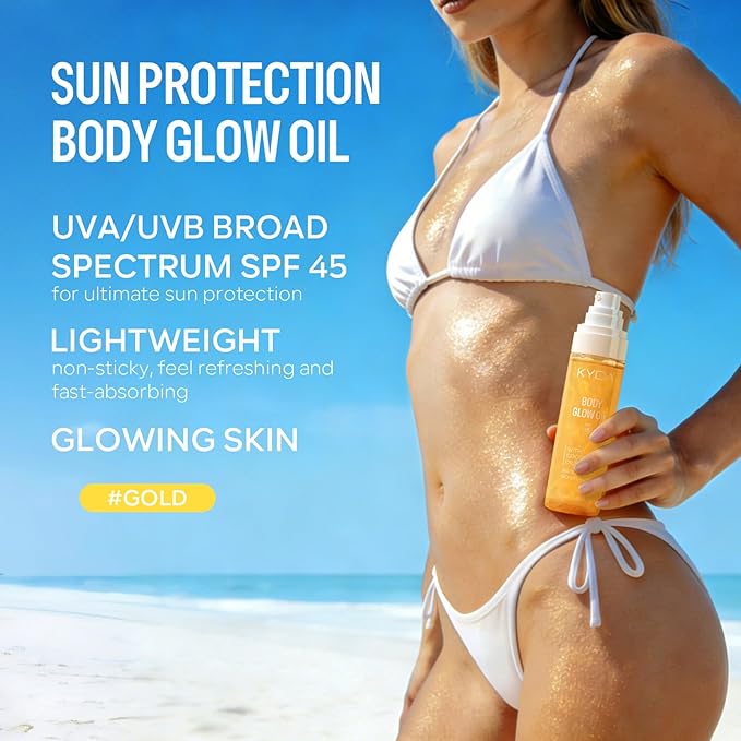 KYDA Travel Size Sunscreen, SPF 45 Body Glow Oil with Sequin Mica, Lightweight Moisturizing Coconuts Sunscreen SPF Glow Oil, Sun-kissed Shimmer Body Lotion, Water Resistant, 3.38 fl oz, GOLD