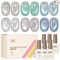 GAOY Cat Eye Gel Nail Polish Set with Magnet, 6Pcs Silver Blue Green Icy Summer Holographic Cat Eye, Reflective Translucent UV Gel, Sea Splash