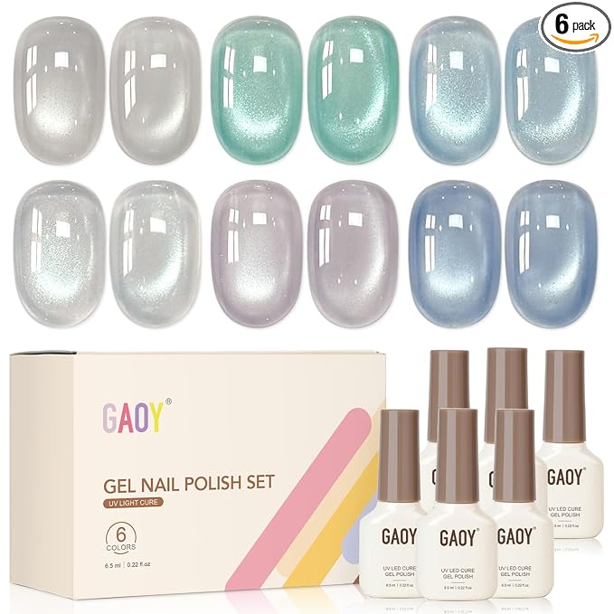 GAOY Cat Eye Gel Nail Polish Set with Magnet, 6Pcs Silver Blue Green Icy Summer Holographic Cat Eye, Reflective Translucent UV Gel, Sea Splash