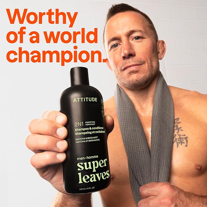 ATTITUDE Men's Shampoo and Conditioner 2-in-1, Fortifying For Fragile Hair, With Caffeine and Green Tea, 97% Natural Origin Ingredients, EWG Verified, Matcha & Bergamot, 32 Fl Oz