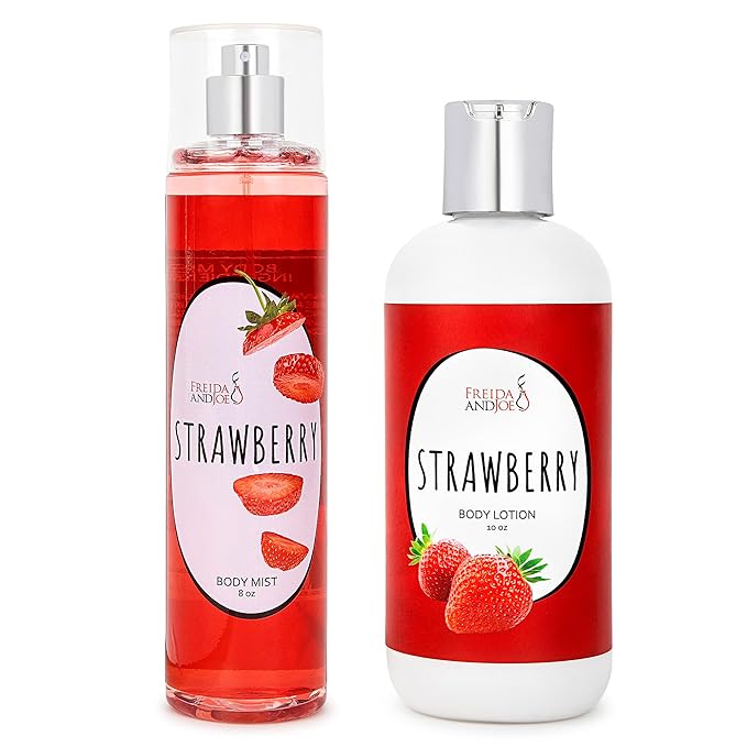 Home Spa Gift 10oz Deep Moisturizing Fragrance Body Lotion & 8 oz. Fine Fragrance Body Mist Set Luxury Self-Care Combo for Women and Girls (Strawberry) – Mother's Day Gift for Mom