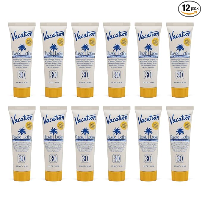 Vacation Mini Classic Sunscreen SPF 30, Water-Resistant, Bulk Suntan Lotion, Bachelorette Party Favors, Beach Must Haves, Traveling Essentials, Travel Size, 1 Fl. Oz. (Value Pack of 12)