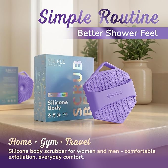 SILKLE Silicone Body Scrubber – Gentle Exfoliating Shower Scrubber for Body & Bath, Silicone Shower Brush & Loofah Alternative – Non-Slip Silicone Body Brush, Quick Dry, Hygienic - Purple
