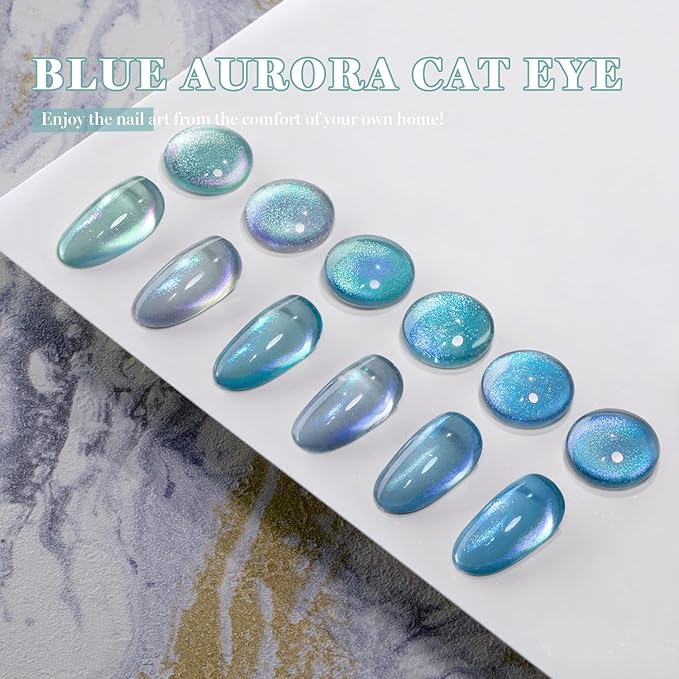RARJSM Blue Cat Eye Gel Nail Polish Set 6pcs Reflective Diamond Glitter Clear Light Gray Sea Blue Green Tone Glass Cateye Gelpolish with Magnet Stick 7.5ml Curing Requires Soak Off for Home Salon
