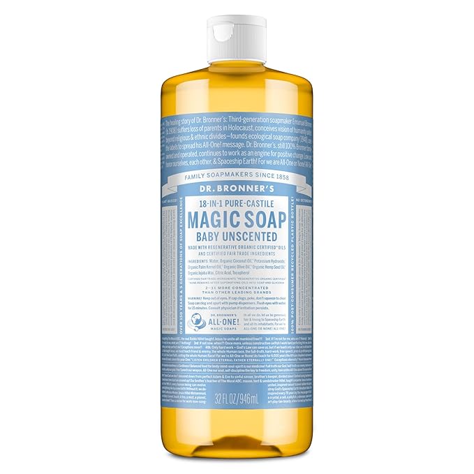 Dr. Bronner's Pure-Castile Magic Soap Liquid (Baby Unscented, 32 Ounce) – Made with Regenerative Organic Certified Oils – For Sensitive Skin, Babies, Face, Hair, Laundry, Dishes, Hand Soap & Body Wash
