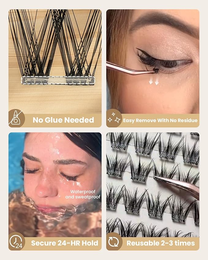 Self Adhesive Eyelashes Pre-glued Easy Removal Wide W Design Lash Clusters High Resilience Ultra Thin Lightweight Press on False Eyelashes 72 Clusters Lash Clusters Kit