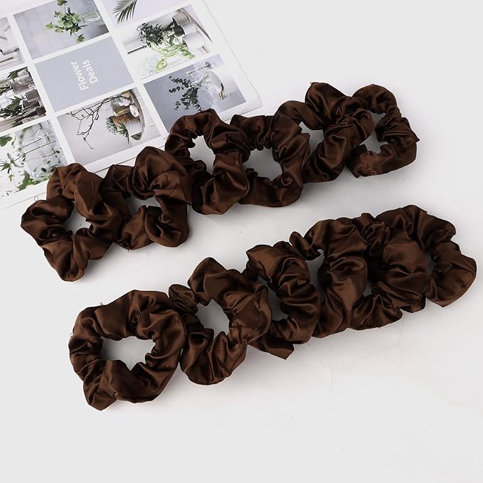 Silk Satin Scrunchies for Women Girls 12 PCS Brown Hair Scrunchies Silk Satin Hair Ties for Thick Hair Bulk Hair Ties Hair Accessories