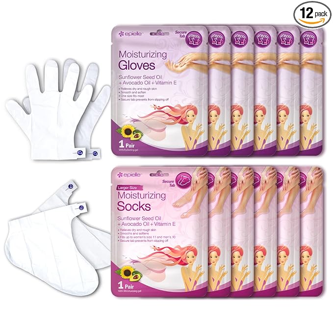 Epielle Moisturizing Hand & Foot Masks, Soften Dry Skin with Sunflower Seed Oil & Vitamin E, Self Care Gifts for Women, Spa Kit, Mothers Day Gifts, 6 Moisturizing Gloves & 6 Moisturizing Socks