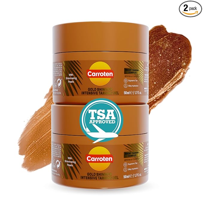 Carroten Mini Shimmer Gold Tanning Gels | Travel Size Tan Accelerator & Body Bronzer | Non-Greasy Water-Resistant with Carrot & Coconut Oil | Vitamin A & E For Moisture & Hydration | 1.7 oz (2 Pack)