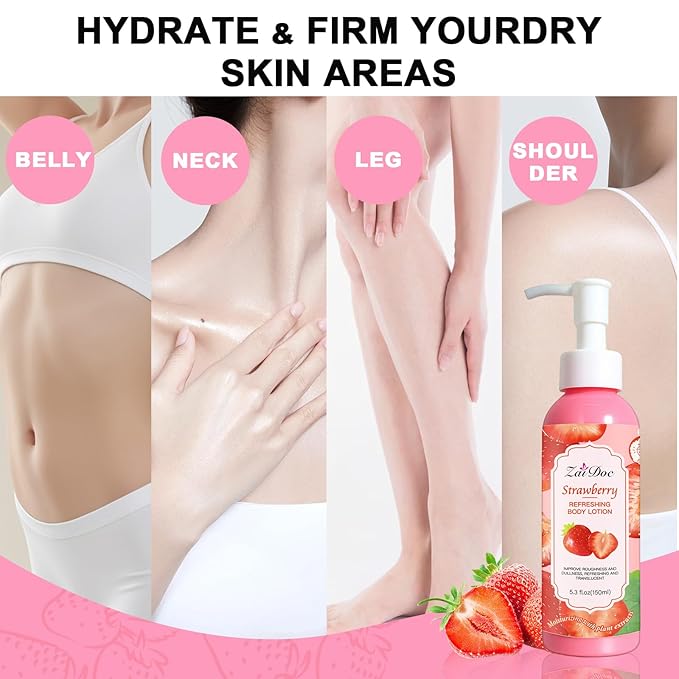 Body Lotion, 24hr Moisturizing & Deep Hydration, Absorbs Instantly Moisturizer for All Skin Types, 5.3 fl oz (1 Pack, Strawberry)