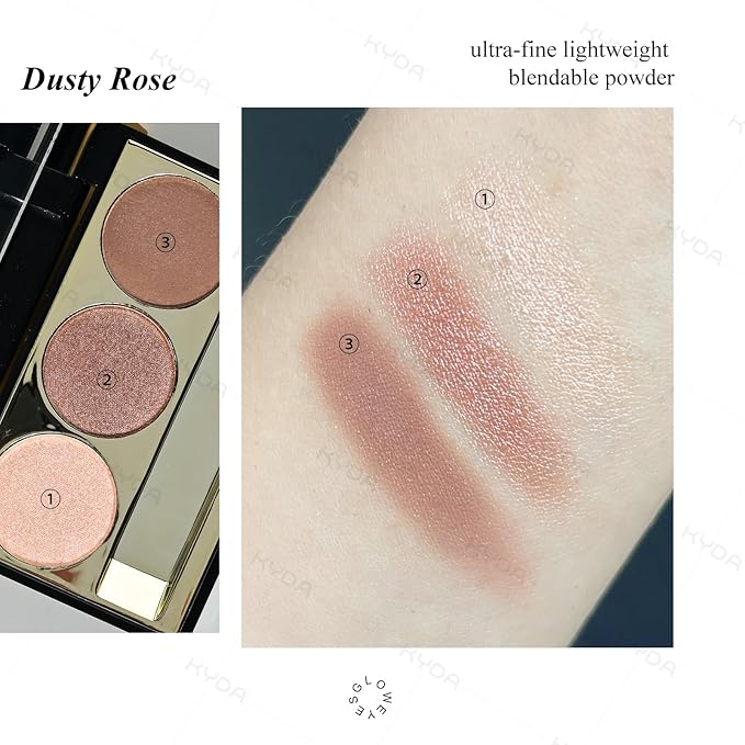 KYDA 3 Colors Eyeshadow Plaette, Shimmer Rose Golden Brown Eyeshadow, Pearl Champagne Eyes Shadow, Lasting High Pigmented Warm Rosy Eye Shadow, Mini Eyes Glitter Makeup Pallet for All Skin