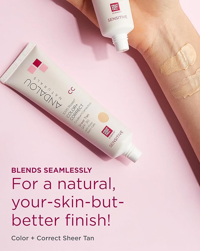 Andalou Naturals 1000 Roses CC Color + Correct with SPF 30, Sheer Tan, 2-in-1 Face Sunscreen + CC Cream for Sensitive Skin, Helps Correct Uneven Skin Tone, Reef Safe Sunscreen, 2 Fl Oz