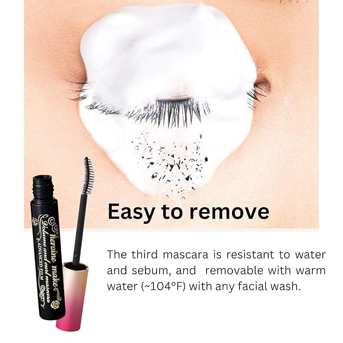 HEROINE MAKE by KISSME Tubing Mascara Waterproof & Long-lasting, Volumizing & Curl with Curvy Brush with 6 Natural Serums for Sensitive Skin + Gentle Mascara Remover Oil Free, 2 Set