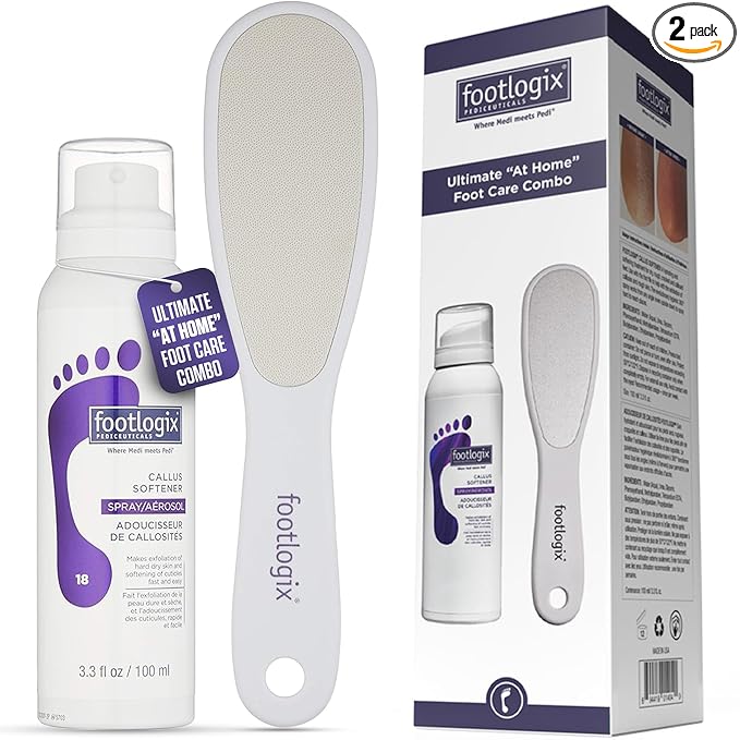 Footlogix Foot Care Callus Softener Combo - Callus Remover Spray & Double-Sided Foot File for Dry, Cracked Heels, Pedicure Tools for Feet, Foot Exfoliator