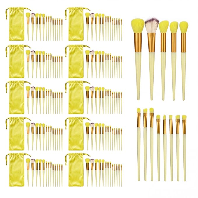 10 Sets Makeup Brushes with 13 Travel-Size Brushes & Pouch, Professional Mini Face Brush Set for Daily Makeup, Parties, Travel(10pc,yellow)