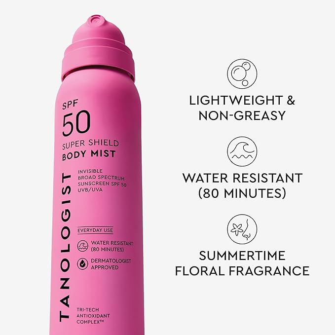 Tanologist SPF 50 Super Shield Body Mist, Broad Spectrum SPF Sunscreen Spray, Lightweight Non-Greasy Body Sunscreen with Antioxidants, Water Resistant, 6 fl. oz/177 ml Bottle
