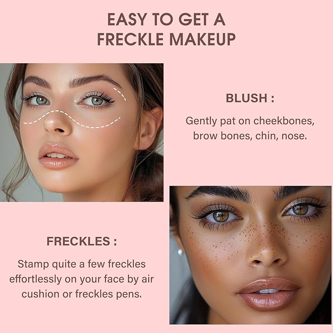 MARBUROLY Natural Freckle Coral Blush Makeup Kit- Liquid Fake Freckle Air Cushion, 2 Colors Freckle Pen, Powder Cushion Blush, Waterproof Long Lasting Freckles Marker for Cheek