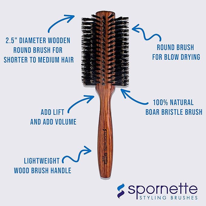 Spornette DeVille Boar Bristle Round Brush Set - Professional Hair Brushes Including 1.5, 2, and 2.5 inch Sizes - For Women, Men, & Kids