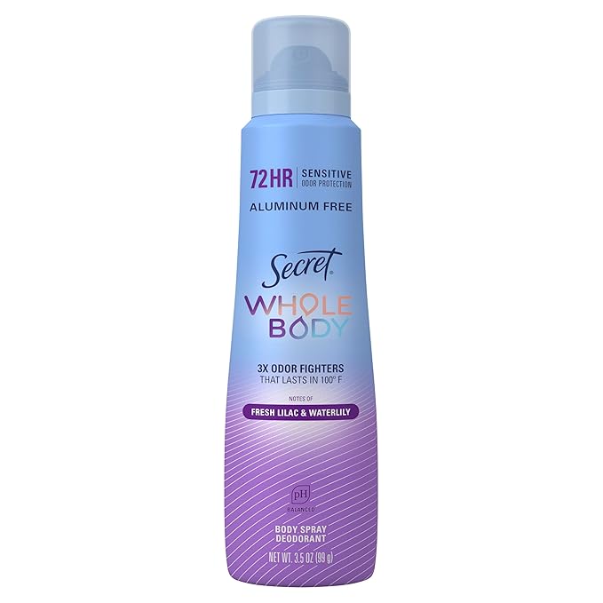 Secret Aluminum Free Whole Body Deodorant Spray for Women, 72hr Sensitive Freshness & Odor Defense, PH Balanced, Invisible Protection, Safe to Use Everywhere, Fresh Lilac & Waterlily Scent, 3.5 oz