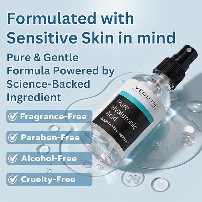 YEOUTH Pure Hyaluronic Acid Serum for Face 99% for Dry & Dull Skin, Hydrating Hyaluronic Acid Face Serum for Women & Men, Facial Care For All Skin Types 1oz