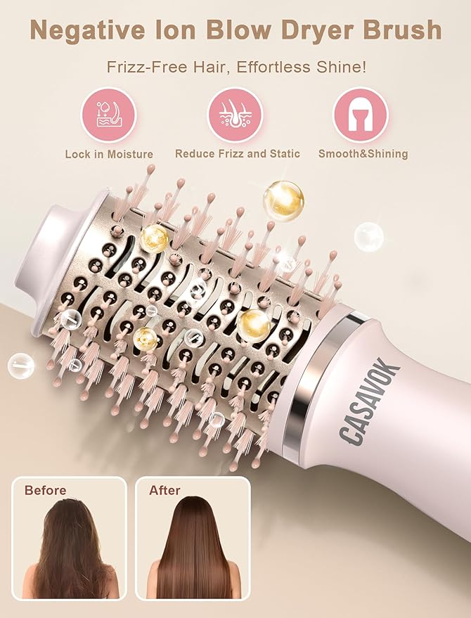 Dual Voltage Hair Dryer Brush for Travel, 4 in 1 Mini Hot Air Brush Blow Dryer Brush for Short Hair, 2 Inch Oval Curling Straightener Volumizer, 120-240V Dual Voltage with EU/UK Adapters, Pink