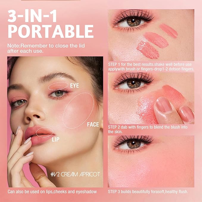 Blush Liquid Makeup Cream Stick, Blendable Cheek Weightless Watercolor Sheer Finish, Soft Peach Face Tint for Mature Skin, Easy Application Beauty Essential (V3 Energetic Pink)