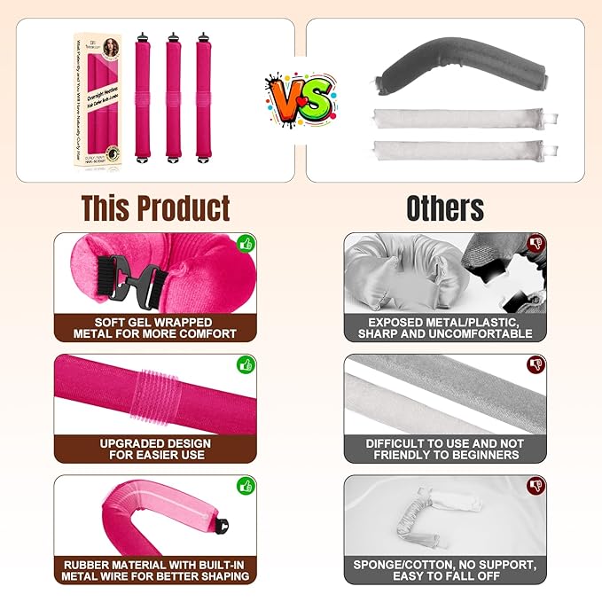 Overnight Heatless Hair Curler, Upgraded with Hair Pad Grippers Satin Jumbo Flexi Blowout Curls Rods, 3pcs No-Heat Styling Tools Curling Rod to Sleep in for All Hair Types - Rose Red