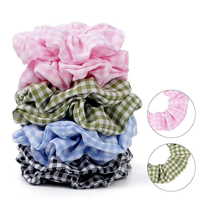 Satin Scrunchies for Women – 8PCS Plaid Mix (Light Blue, Black & White, Pink, Dark Green) Silk Hair Ties – No Crease, Frizz-Free, Retro & Chic Hair Bands for Thick & Thin Hair, Trendy Hair Accessories