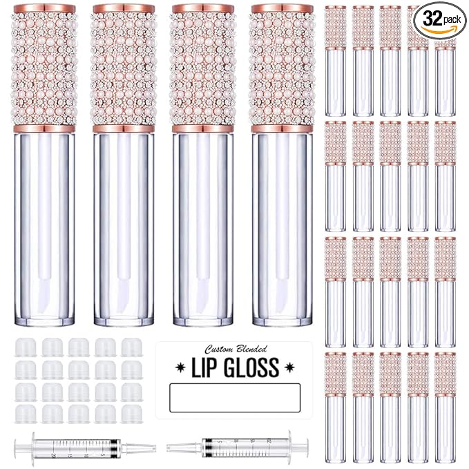 AMORIX 24 Pack Lip Gloss Tubes with Wand 5ml Empty Rhinestone Lip Gloss Containers Cute Lipgloss Bottles Lip Gloss Supplies Kit + 2pcs Syringes + Labels for DIY Lip Gloss Base