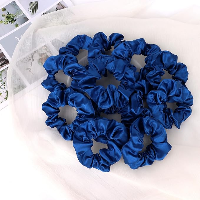 Silk Satin Scrunchies for Women Girls 12 PCS Navy Blue Hair Scrunchies Silk Satin Hair Ties for Thick Hair Bulk Hair Ties Hair Accessories