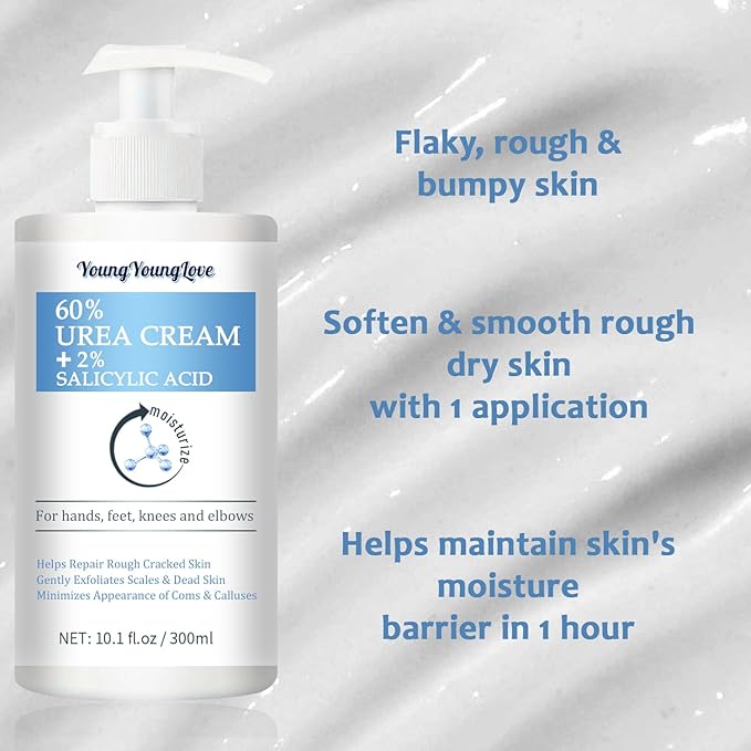 10.1 Oz - Urea Cream 60% plus Salicylic Acid 2% for Dry Cracked Feet, Heels, Knees, Elbows and Hands, Moisturizes, Softens and Removes Calluses Dead Skin