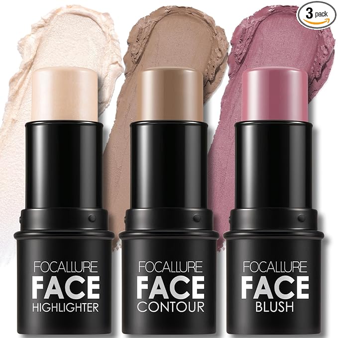 FOCALLURE 3 Pcs Cream Contour Sticks,Shades with Highlighter & Bronzer & Blush,Non-greasy Long-wear Face Contouring Pen,Easy to Sculpt the Face and Create a Lightweight Finishing Makeup,LIGHT-SKIN