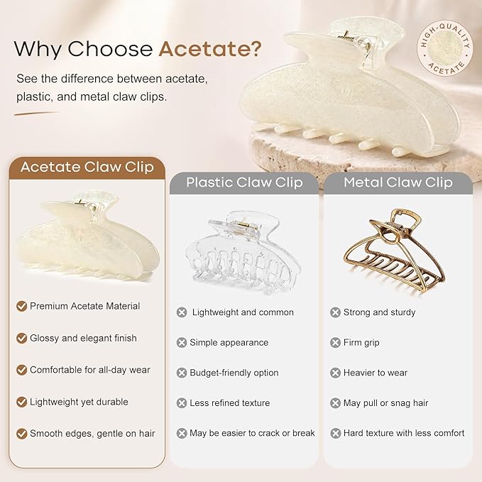 Aileam Acetate Hair Claw Clips for Women,Pink Beige hair clip French Design Strong Hold Non-Slip claw clips for Thick Hair, 2 Pack