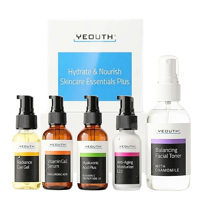 YEOUTH Skin Care Set: Hyaluronic Acid Serum for Face, Vitamin C Serum, Facial Toner, Under Eye Gel, Face Cream, Skincare Gift Set for Women & Men 5-Piece