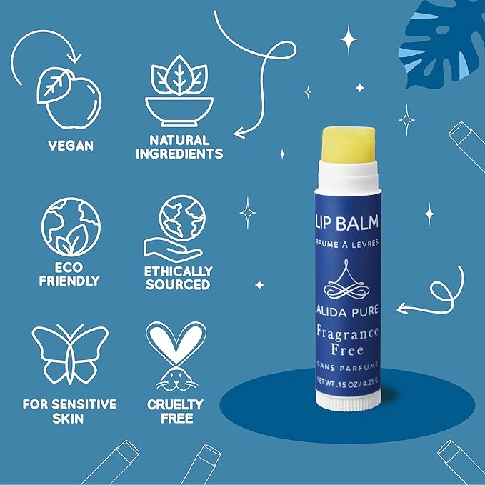 Fragrance Free Lip Balm, Vegan Set, Unscented, No Flavor, Beeswax Free, Organic Jojoba and Avocado Oil, Vitamin E, Natural Moisturizer for Dry, Chapped, or Cracked Lips, 5 Tube Set