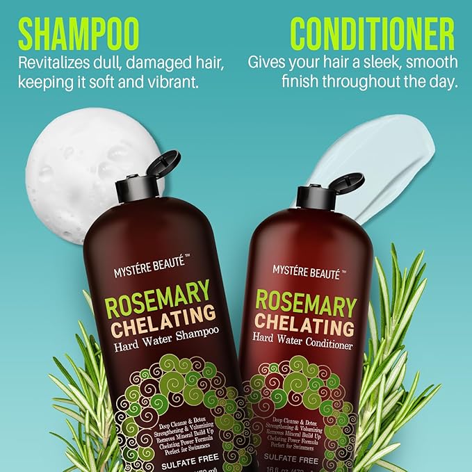 Chelating Rosemary Shampoo and Conditioner Set – Clarifying Hard Water & Chlorine Removal Formula with Tea Tree, Biotin & Keratin – Sulfate Free Hair Growth Detox Shampoo – 16 oz Each MYSTÈRE BEAUTÉ