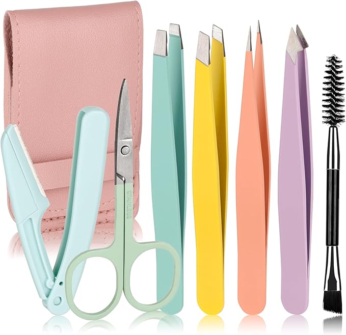 MSQ 7pcs Eyebrow Tweezers Kit with Travel Bag for Women 4Pcs Professional Stainless Steel Tweezers and Brow Scissors & Razor & Spoolie for Facial, Chin, Eyebrow, Splinter and Ingrown Hair
