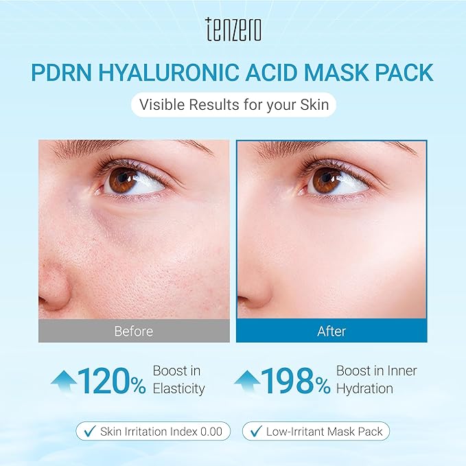 tenzero Watery Hyaluronic Acid PDRN Mask Pack (3 Sheets x 30g), Overnight Hydrogel Mask, Deep Hydrating, Elasticity Enhancing, Soothing For Sensitive Skin with Centella PDRN, Hyaluronic Acid