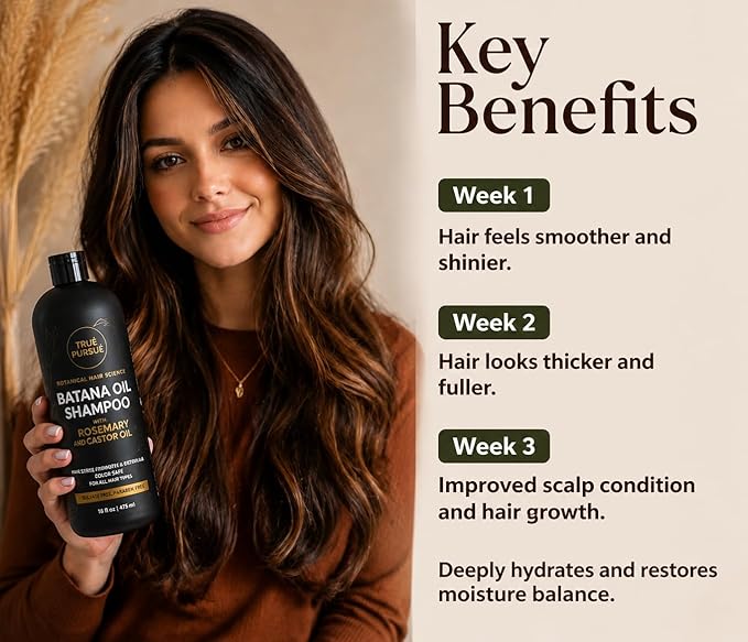 Batana Oil Shampoo for Hair Growth & Strength - Rosemary & Castor Oil Sulfate-Free Shampoo for Thinning, Dry, & Damaged Hair for Men and Women - Supports Thicker-Looking Hair | 16 fl oz TRUÉ PURSUÉ