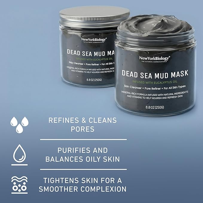 New York Biology Dead Sea Mud Mask for Face and Body | with Eucalyptus | Spa Quality Pore Refiner for Oily Skin | Natural Skincare for Women & Men | Tighten Skin for A Healthier Complexion | 8.8 oz